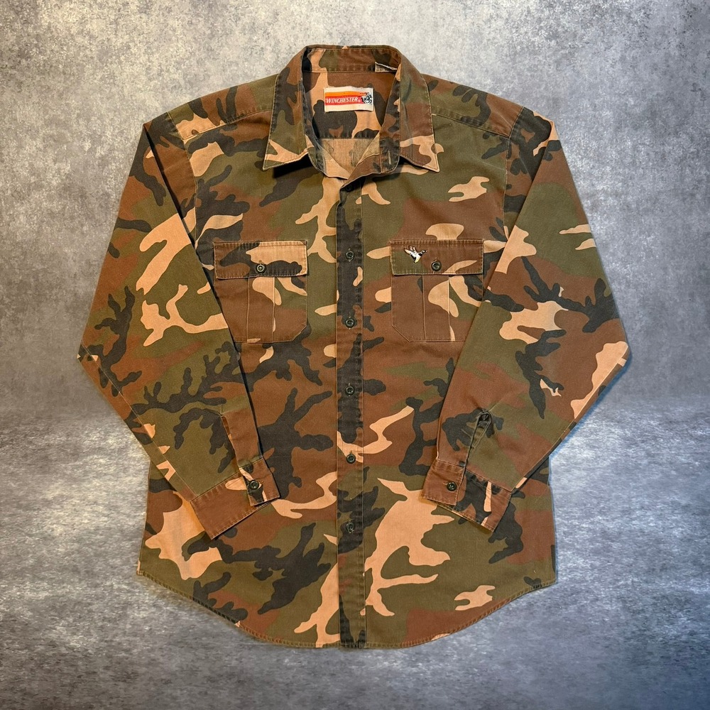 Winchester Mens Camo Long Sleeve Button Down Hunting Shirt Large Duck Embroidery